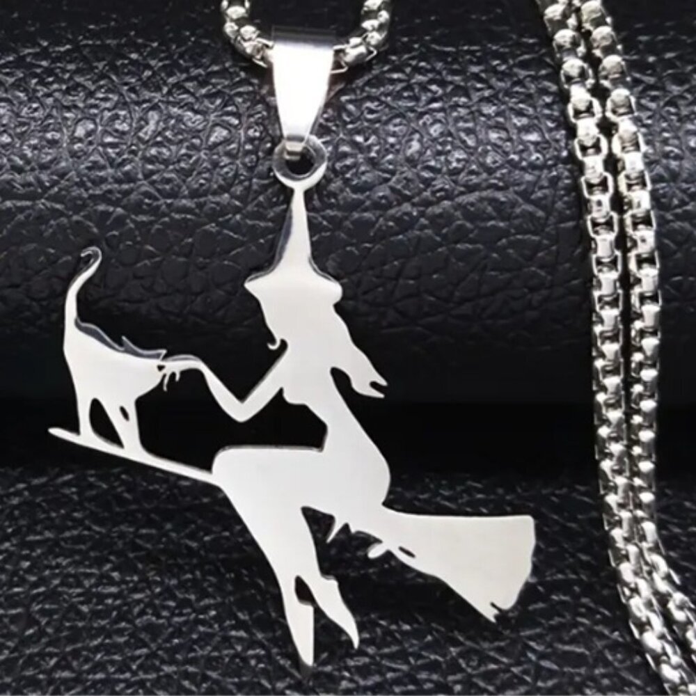Pure Magic a Witch Riding a Broom with her Cat Necklace - Stainless Steel